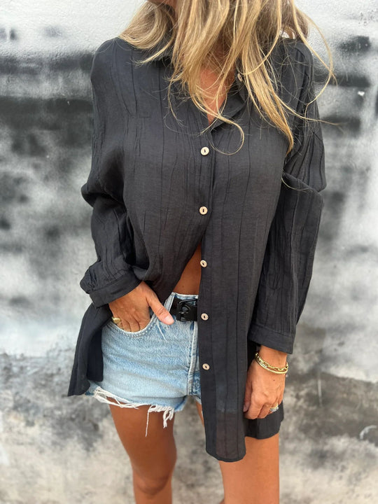 Damen nan lässige Oversize-Tunikahemd mit Leinenstruktur, Holzknopfleiste und verlängertem Saum Shop Nory