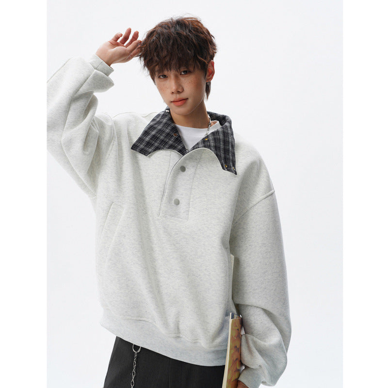 Unisex Oversized Sweatshirt mit abnehmbarem Karo-Kragen und Druckknopfleiste Shop Nory