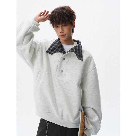 Unisex Oversized Sweatshirt mit abnehmbarem Karo-Kragen und Druckknopfleiste Shop Nory