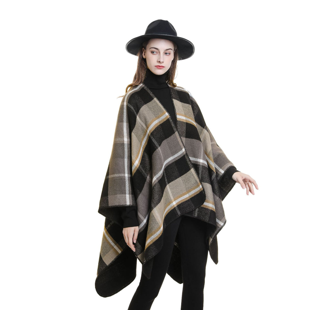 Damen Oversize-Rechteckponcho im Cape-Look mit Kettelsaum und Karomuster Shop Nory