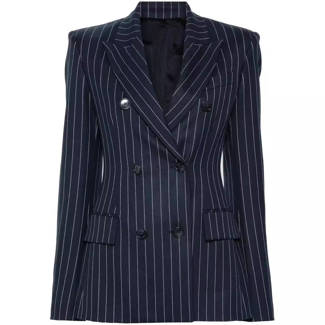 Damen Nadelstreifen Zweireihiger Blazer mit High‑Waist Schlaghose Shop Nory