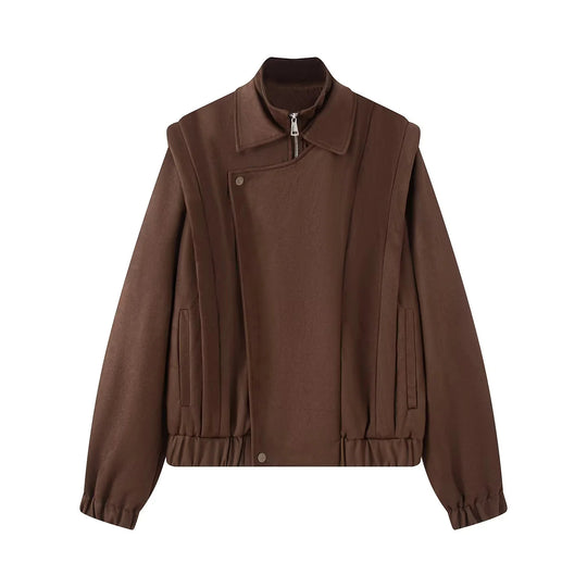 Damen Kurze Wolljacke im Bomberstil mit asymmetrischem Reißverschluss, Stehkragen und elastischem Saum Shop Nory
