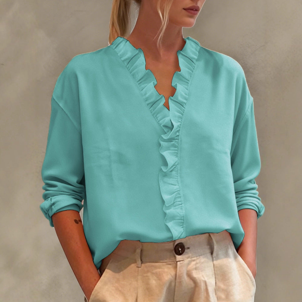 Damen Elegante V-Ausschnitt Bluse mit Volantbesatz und lockerem Oversize-Schnitt Shop Nory