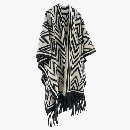 Damen Großer Fransenponcho im Oversize‑Cape mit geometrischem Zickzack‑Jacquard Shop Nory