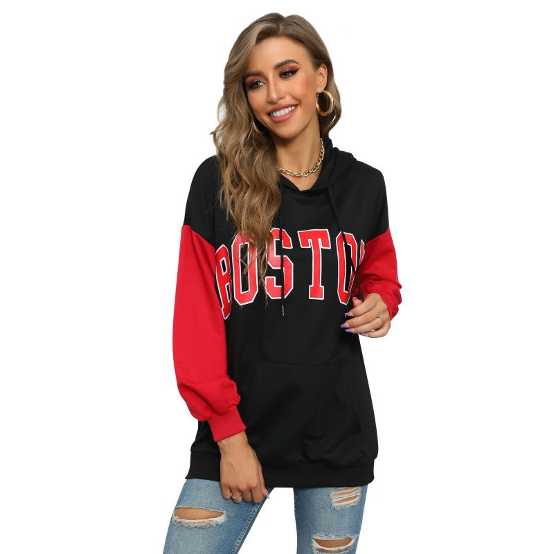 Damen Oversize Kapuzenpullover mit Blockingärmeln und Boston-Frontprint Shop Nory