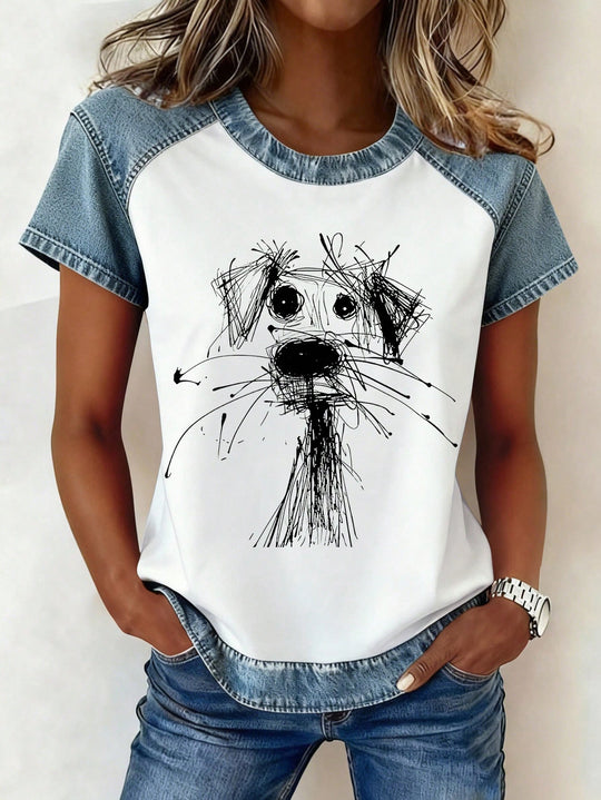 Damen Kurzarmshirt mit Jeans-Einsätzen und Teddy-Patchprint Shop Nory