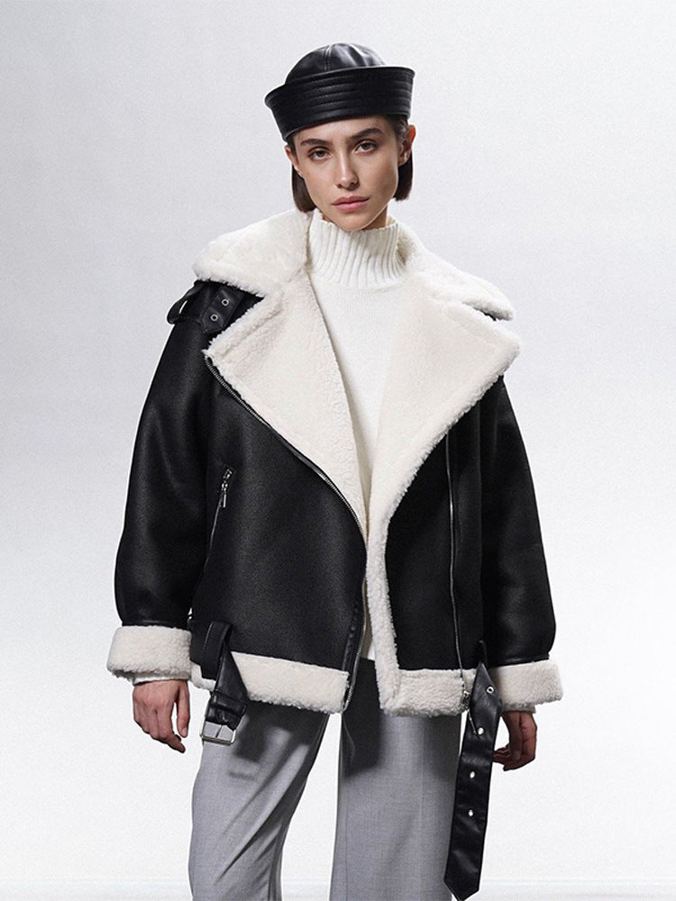 Damen Oversized Bikerjacke mit Teddyfell-Futter und verstellbaren Gürteln Shop Nory