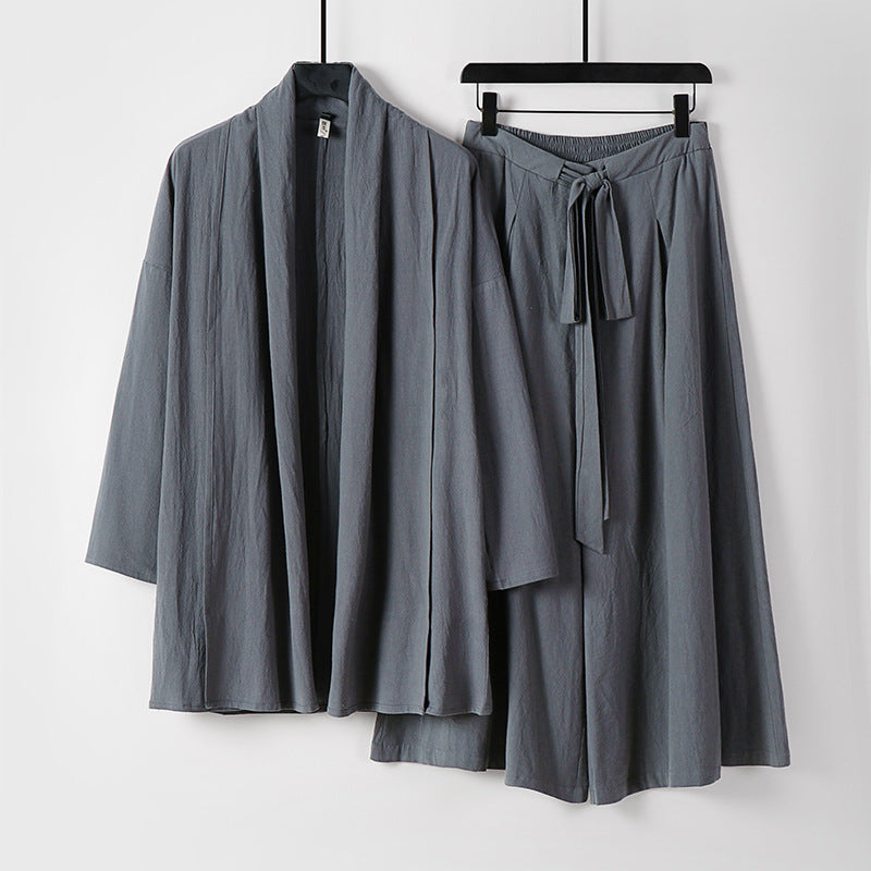 Damen Zweiteiliges Lounge-Set im Kimono-Stil mit offenem Schalkragen und weitem Palazzo-Hosenrock Shop Nory
