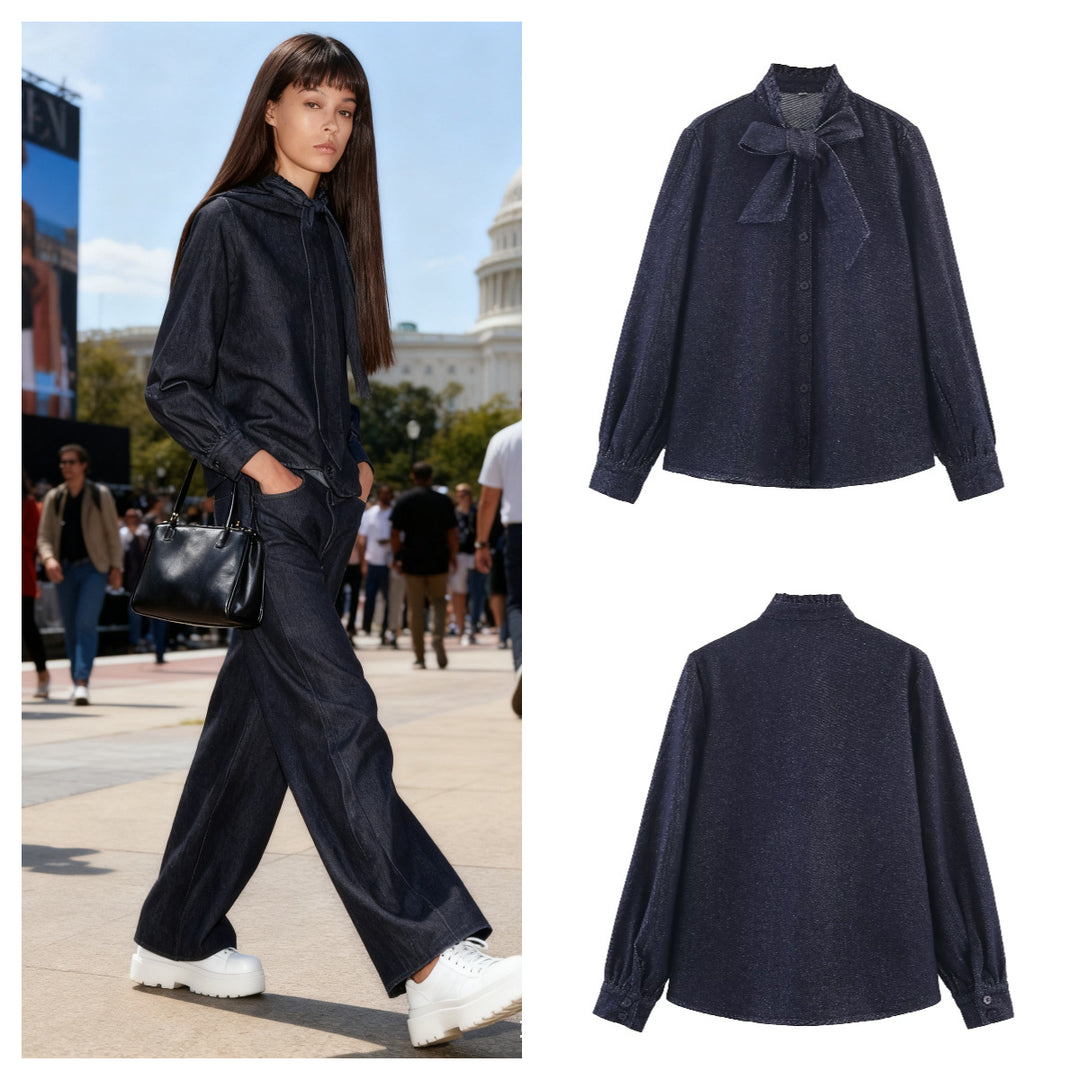 Damen Schimmernde Bluse mit Schleifenkragen und Knopfleiste Shop Nory
