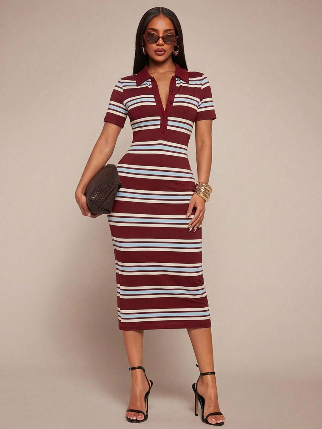 Damen Figurbetontes Polokleid im Streifen‑Look aus Rippstrick mit kurzem Ärmel Shop Nory
