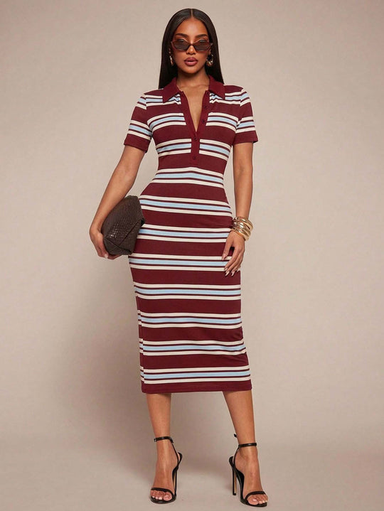 Damen Figurbetontes Polokleid im Streifen‑Look aus Rippstrick mit kurzem Ärmel Shop Nory