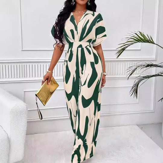 Damen Eleganter Jumpsuit mit großflächigem Muster und V-Ausschnitt