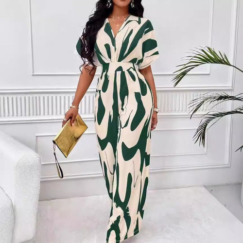 Damen Eleganter Jumpsuit mit großflächigem Muster und V-Ausschnitt