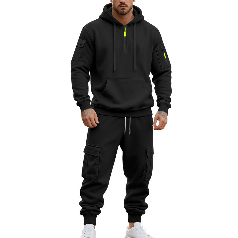 Herren nan zweiteiliges Utility-Freizeitset Hoodie mit halbhohem Reißverschluss, Ärmeltasche und Cargo-Jogginghose mit Klappentaschen Shop Nory