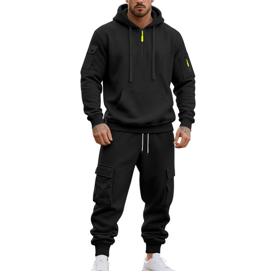 Herren nan zweiteiliges Utility-Freizeitset Hoodie mit halbhohem Reißverschluss, Ärmeltasche und Cargo-Jogginghose mit Klappentaschen Shop Nory