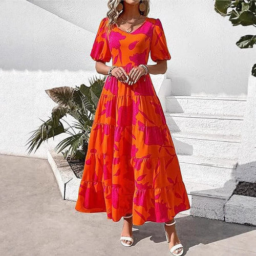 Damen Maxi-Kleid mit floralem Design und voluminösem Rock