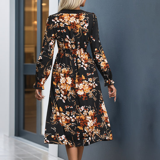 Damen Midikleid mit tailliertem Bund, V‑Ausschnitt, langen Ärmeln und floralem Allover‑Print Shop Nory