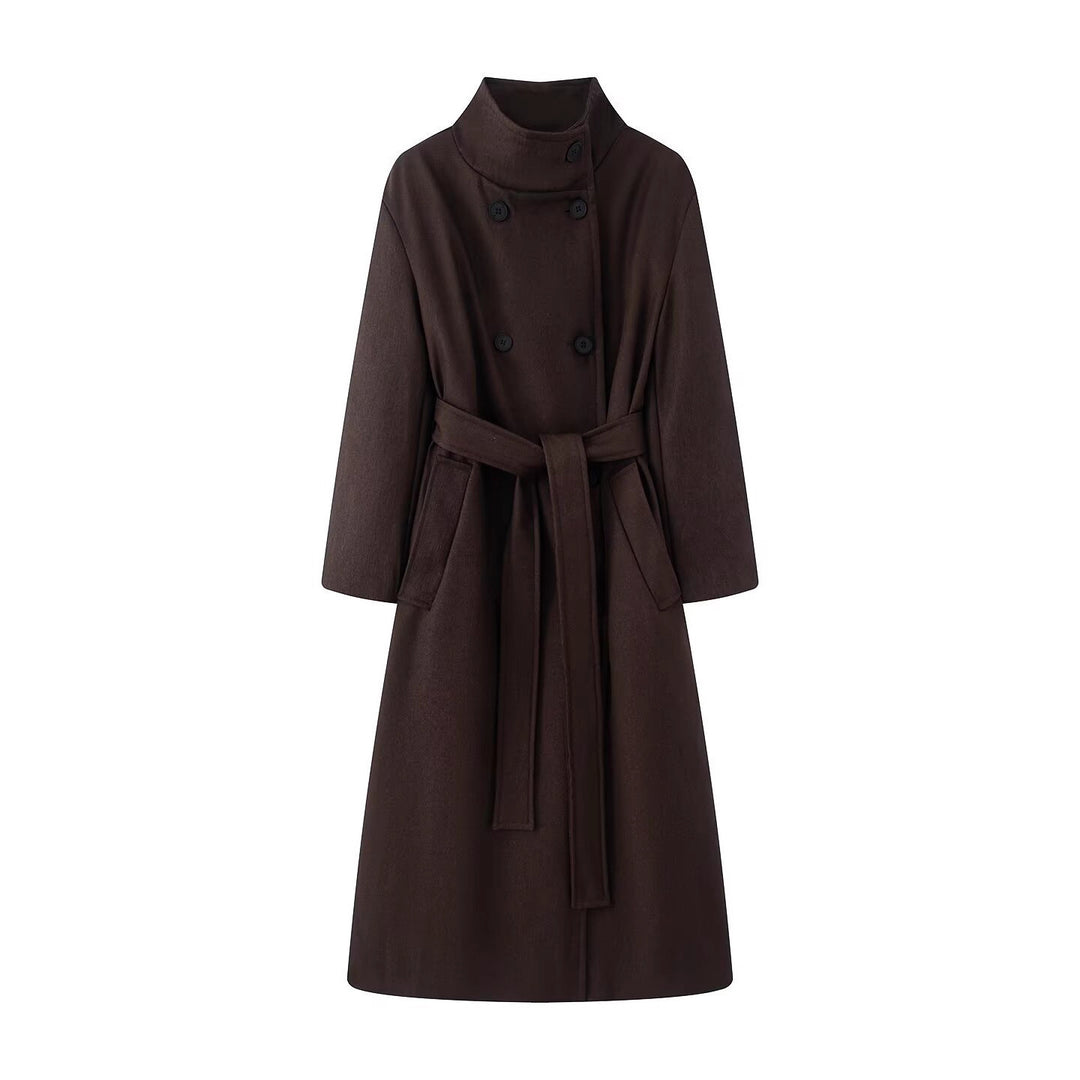 Damen übergroßer Wollmix-Mantel mit Stehkragen und Bindegürtel Shop Nory