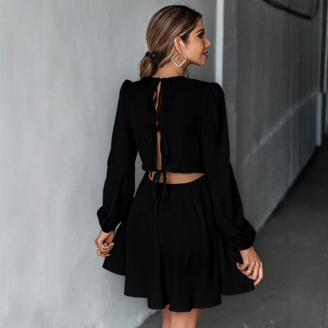 Damen schickes Cocktailkleid mit geraffter Taille, langen Ballonärmeln und rundem Ausschnitt Shop Nory
