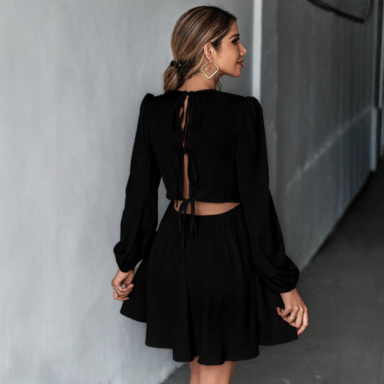 Damen schickes Cocktailkleid mit geraffter Taille, langen Ballonärmeln und rundem Ausschnitt Shop Nory