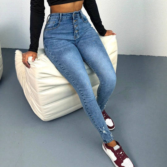 Damen hochtaillierte Sculpting-Skinny-Jeans mit sichtbarer Zierknopfleiste und knöchellanger sculptender Passform Shop Nory