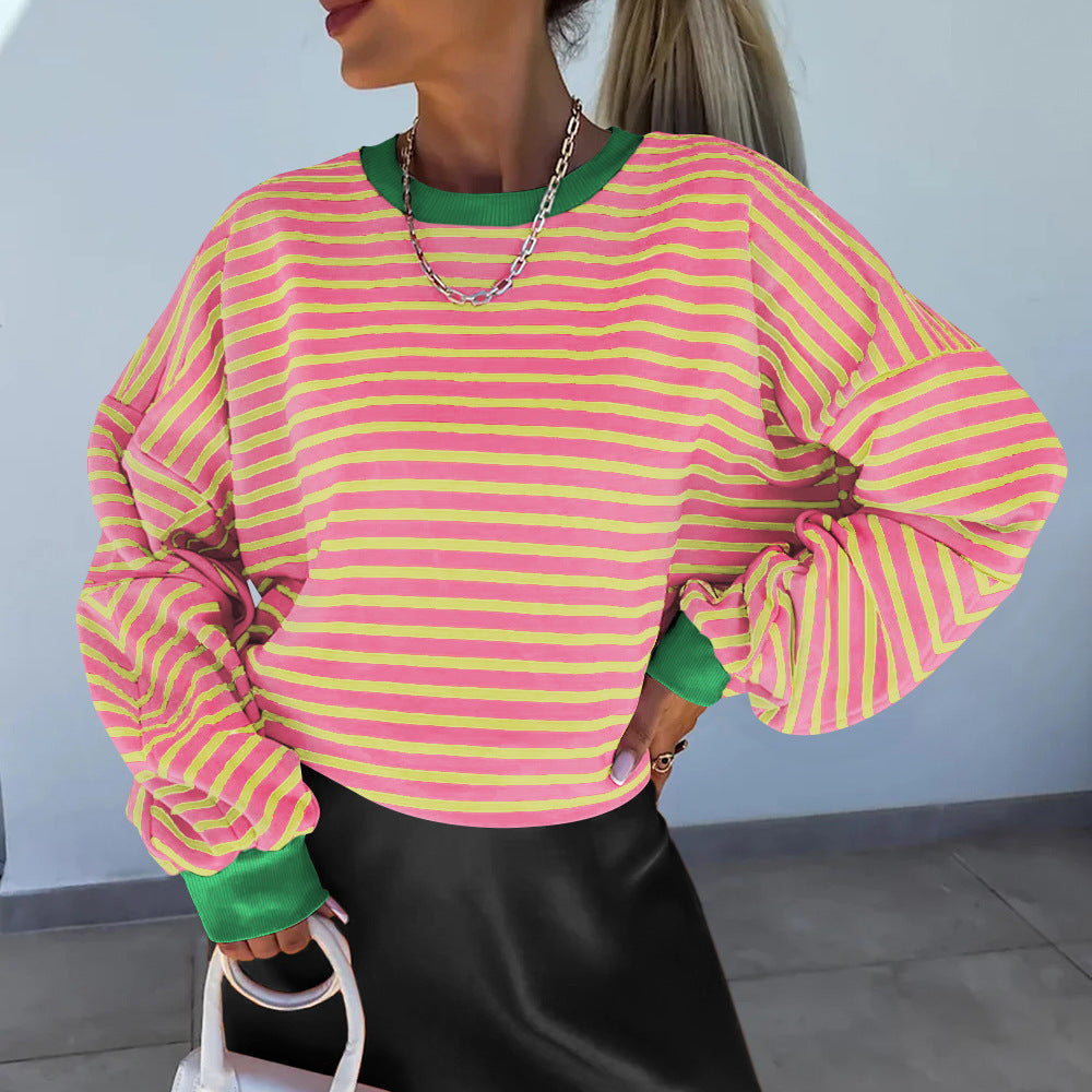 Damen lässiges gestreiftes Sweatshirt mit Boxy-Schnitt und kontrastierenden Abschlüssen Shop Nory