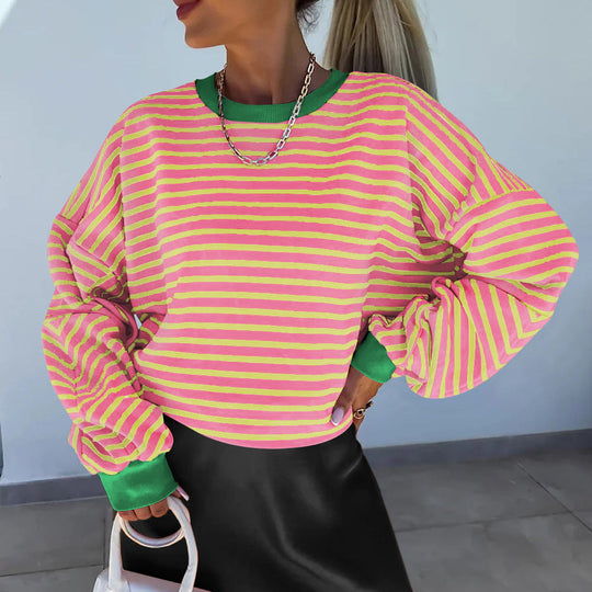 Damen lässiges gestreiftes Sweatshirt mit Boxy-Schnitt und kontrastierenden Abschlüssen Shop Nory