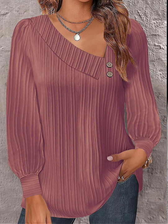 Damen Plissee-Bluse mit asymmetrischem Ausschnitt und Knopf-Details
