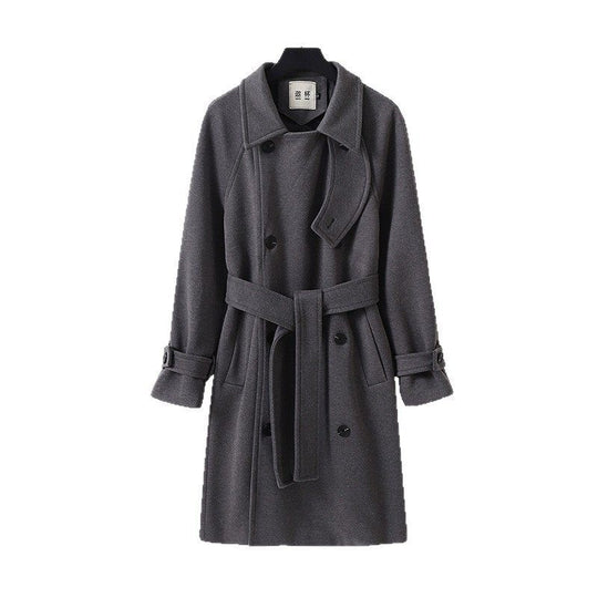 Herren Dramatisch geschnittener Doppelreihiger Wollmix-Longcoat mit Kragenlaschen und Bindegürtel Shop Nory