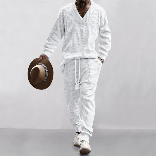 Herren nan grobes Strick-Loungewear-Set mit tiefem V‑Ausschnitt, Kordelzughose und Rippbündchen Shop Nory