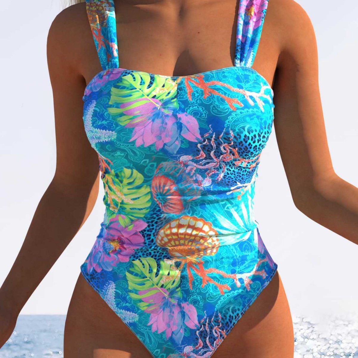 Damen funktioneller Einteiler Badeanzug mit innovativem Wassermuster Shopnory