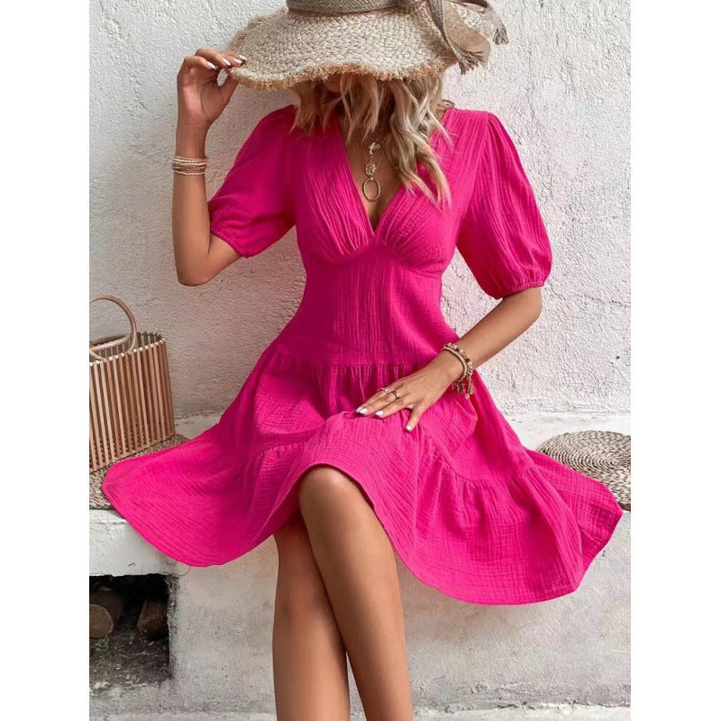 Damen Midi-Kleid mit Ballettärmeln und tiefem V-Ausschnitt Shopnory