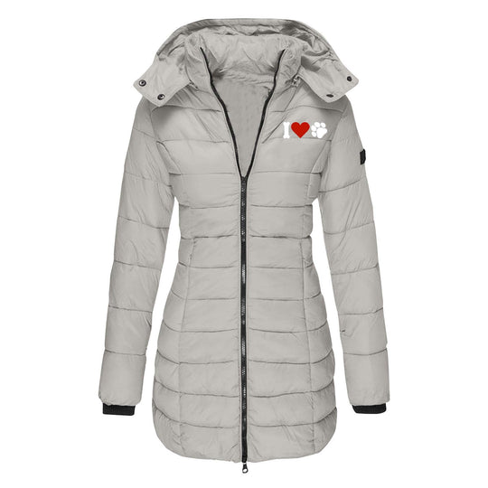 Damen nan gesteppte Steppjacke mit Kapuze, taillierter Silhouette und Herz-Pfoten-Print Shop Nory