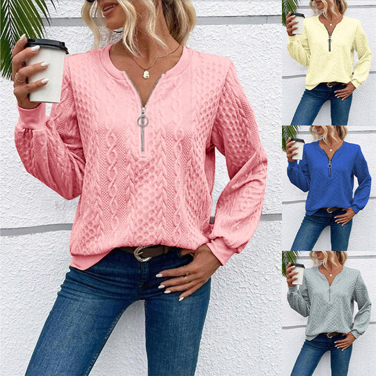 Damen grob strukturiertes Strickpullover mit Kabelmuster, halber Reißverschluss und Ballonärmel Shop Nory