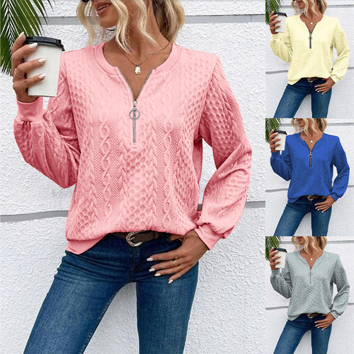 Damen grob strukturiertes Strickpullover mit Kabelmuster, halber Reißverschluss und Ballonärmel Shop Nory
