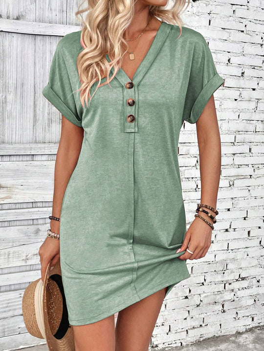 Damen Lockeres V-Ausschnitt Freizeitkleid mit Zierknopfleiste Shop Nory