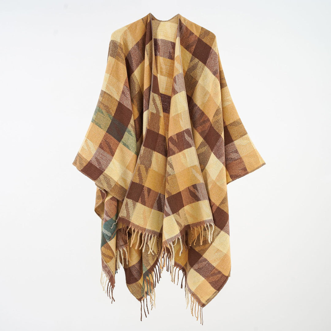 Damen Oversize-Plaidponcho mit Fransen und gewebtem Karomuster Shop Nory