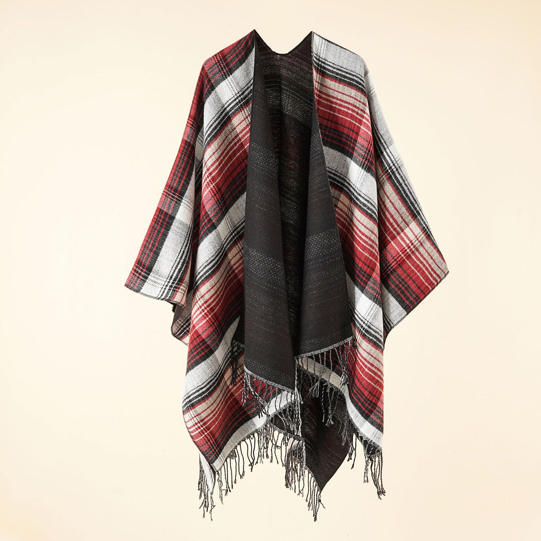 Damen Kastiger Plaid-Ruana aus leichtem Wollmix mit dekorativem Fransensaum Shop Nory