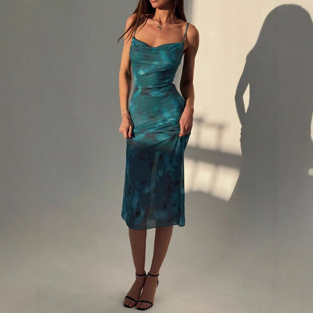 Damen Elegantes Midikleid aus fließendem Chiffon mit verführerischem Spaghettiträger