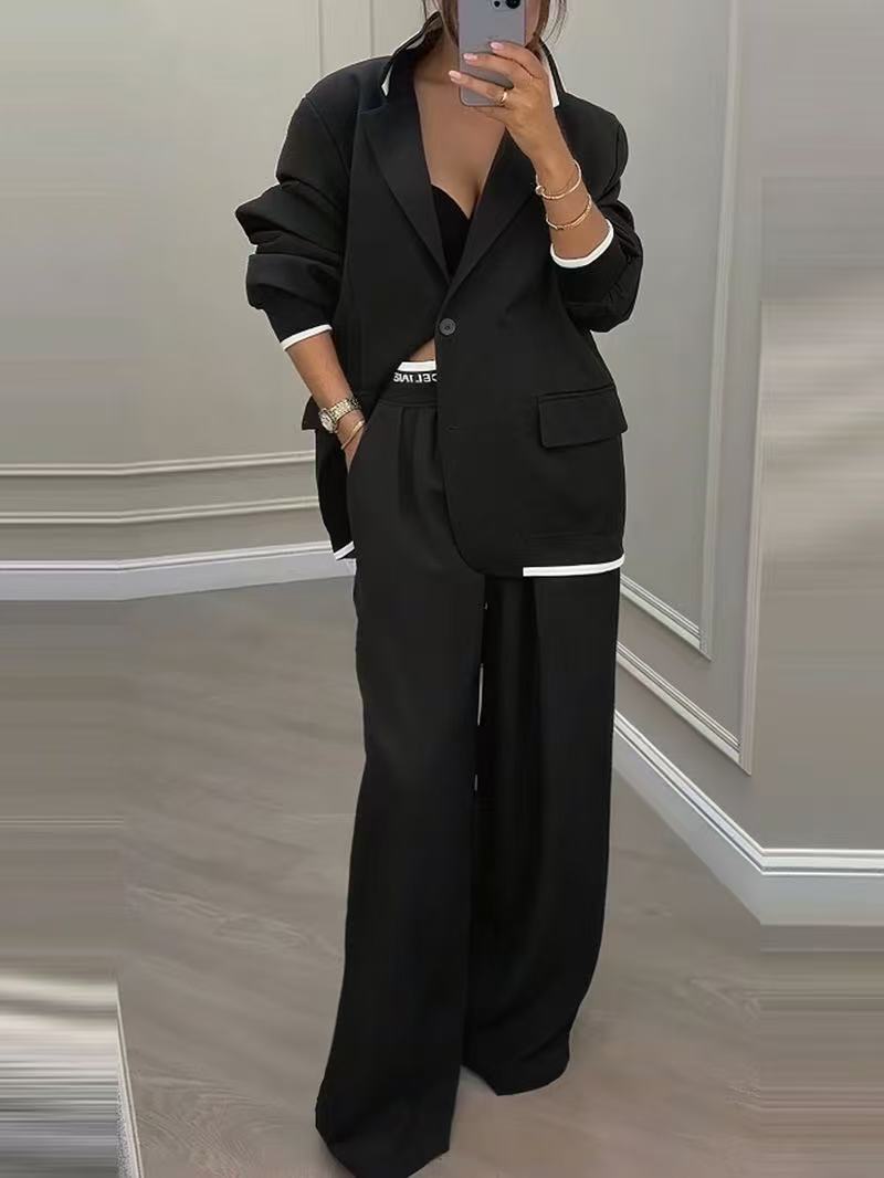 Damen Oversize-Tailoring-Set mit Kontrastpaspel, Single-Button-Blazer und hochgeschnittener Weitbeinhose Shop Nory