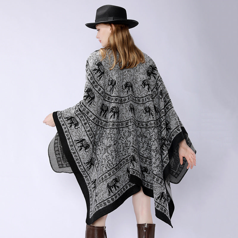Damen Capeponcho im Wickelstil mit ornamentaler Jacquardstruktur und offenem Kimono-Fall Shop Nory