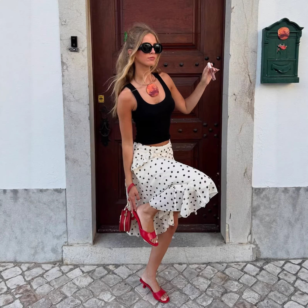 Damen Wickel-Midirock aus Chiffon mit Volants und Pünktchen-Design Shop Nory