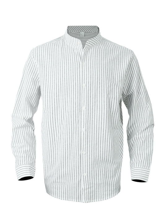 Herren nan gestreiftes Hemd mit Stehkragen, langer Arm und leichter Baumwoll-Leinen-Mix Shop Nory
