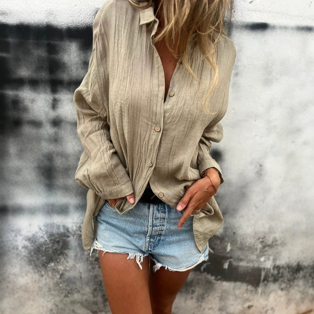 Damen nan lässige Oversize-Tunikahemd mit Leinenstruktur, Holzknopfleiste und verlängertem Saum Shop Nory