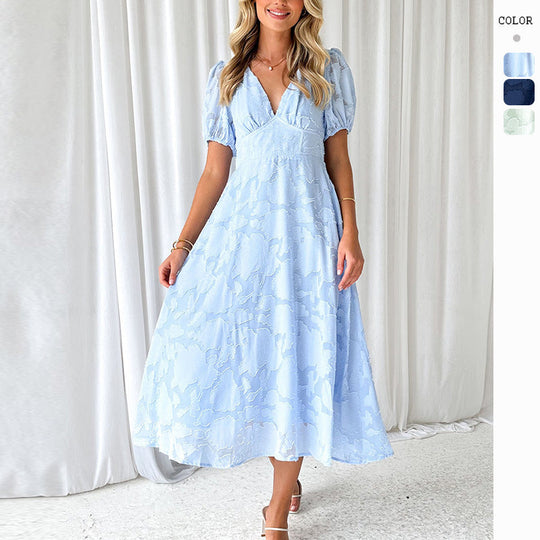 Damen Maxikleid mit floralen Akzenten und voluminösen Puffärmeln