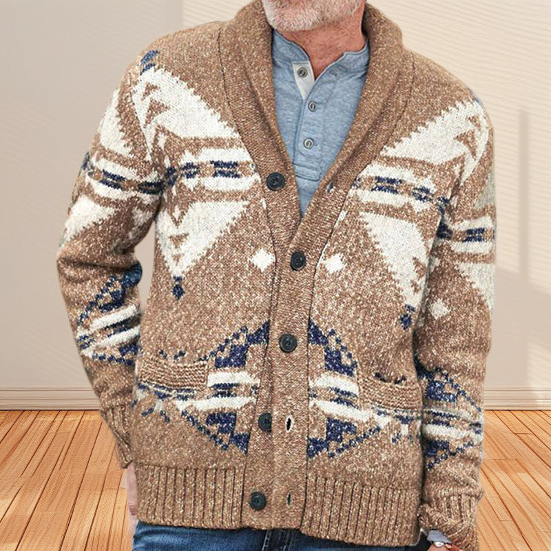 Herren Strickjacke mit einzigartigem geometrischen Muster und tiefem Kragen