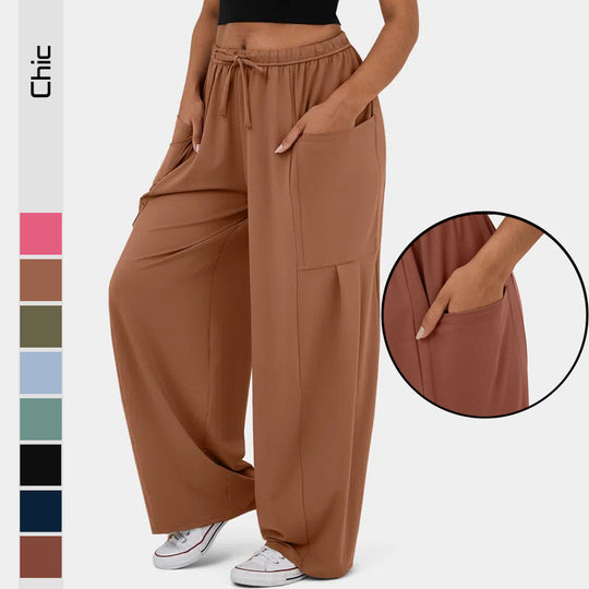 Damen Weite Relax‑Hose mit hohem Elastikbund, Tunnelzug und großen Cargo-Taschen Shop Nory
