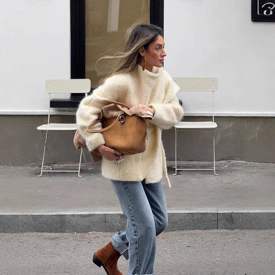 Damen Oversize Wollmix-Poncho mit asymmetrischem Fall und Bindebändern Shop Nory