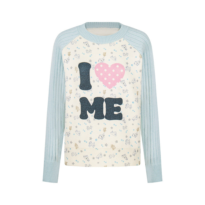 Damen Feinstrick-Pullover mit Applikations-Statement, gerippten Raglanärmeln und Mini-Print Shop Nory