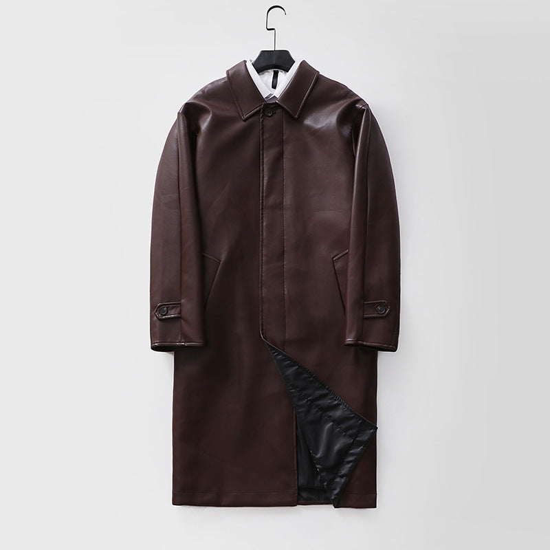 Herren langer minimalistischer Kunstleder-Mantel mit Hemdkragen, verdeckter Knopfleiste und geradem Schnitt Shop Nory